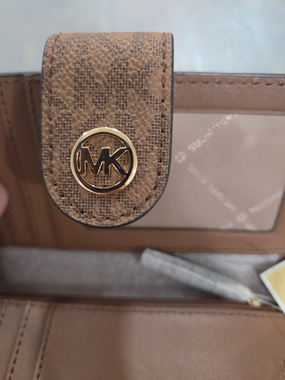 Michael Kors Brown Pebbled Leather Wallet-Style Phone Case with Gold MK Logo
